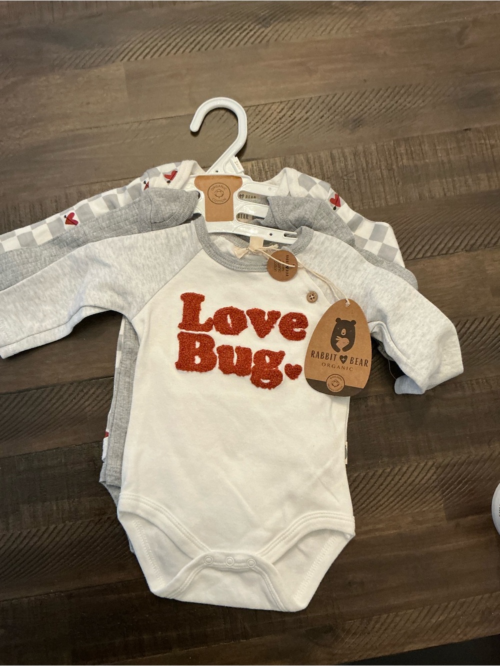 Rabbit & Bear Organics "Love Bug"  cotton White and Gray Baby set of 3 bodysuits